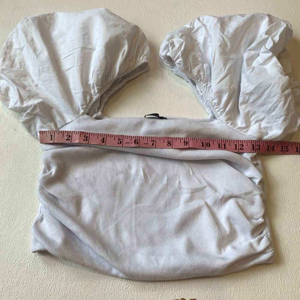 Zara White Puff Sleeve Crop Top Size L Ribbed Cottagecore - Picture 6 of 7